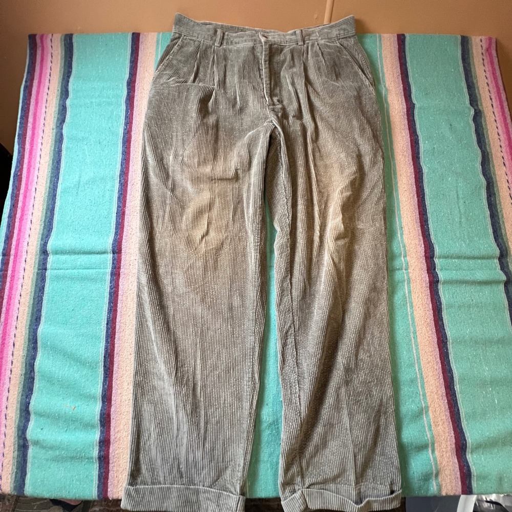 Structure Corduroy Pants Mens 38x32 Olive Taupe Pleated Wide Leg Vintage 90s